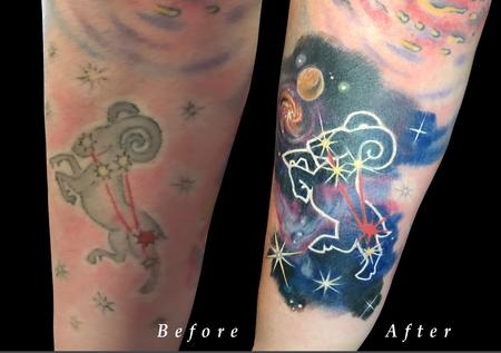 Tattoos - Aries Zodiac Space Constellation Color Rework on Forearm - 130566